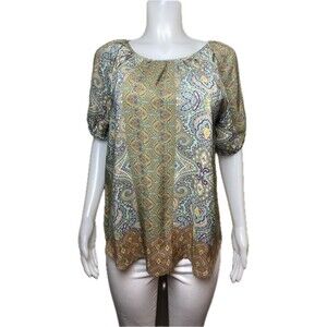 F. Sundance Silk Top M Multicolor  Blouse Short Sleeve Round Neck
